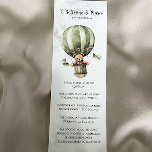 Lesezeichen mit grünem Bärenmotiv, Taufe, Geburtstag, Babyparty, Flieger, Lenkrad, Platzhalter mit Schokolade, Tieren, Heißluftballon