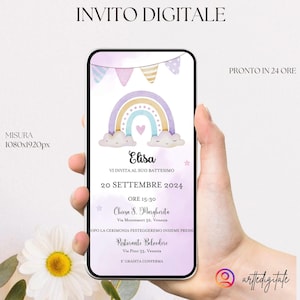 Invito digitale modificabile con arcobaleno viola, battesimo bimba, festa, personalizzabile, con bandierine e colorato