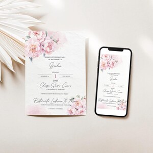 Invito digitale con fiori per battesimo, prima comunione, cresima, pheonia, bellissimi fiori rosa, invito digitale con petali di rosa