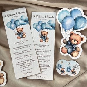 Baptism set hot air balloon, teddy bear, blue blue, for baby baptism hammered cardboard, confetti box, bookmarks, tags
