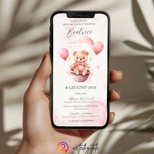 Invito digitale personalizzabile per la festa della bambina, battesimo, comunione, partykit, orsetto rosa con palloncini e mongolfiera