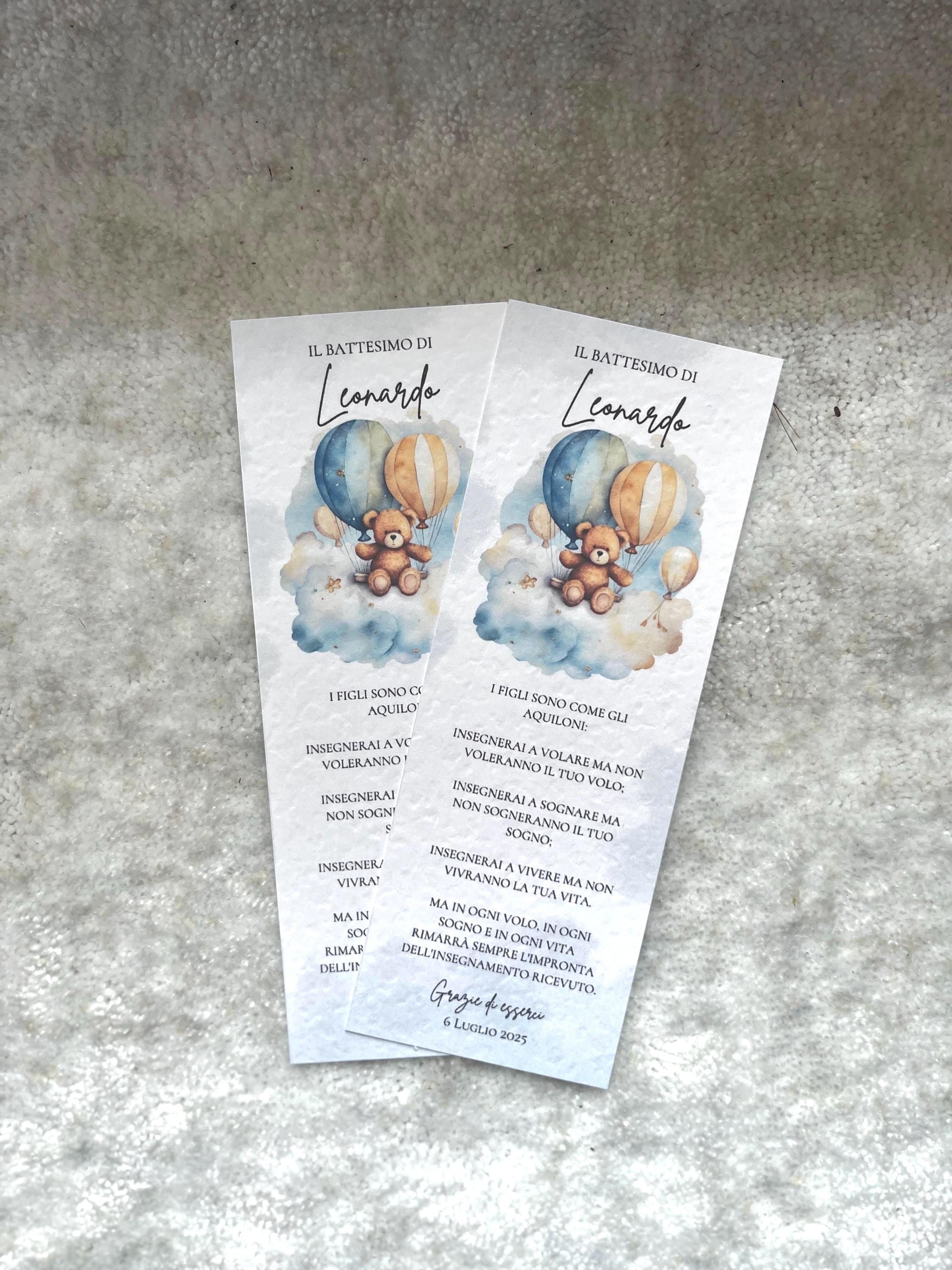 30 Segnalibri Battesimo Personalizzati - Theme Orsetto, Cartoncino 250gr, 5x15cm
