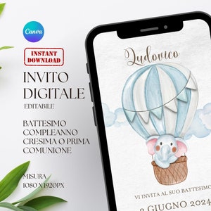 Invito battesimo bimbo con orsetto e palloncini personalizzabile, partecipazione cresima, comunione e compleanno