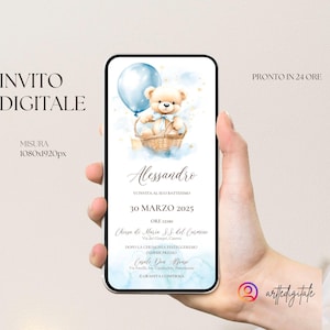 Invito digitale personalizzabile per la festa del tuo bambino, battesimo, party kit, orsetto azzurro con palloncini, macchina vintage