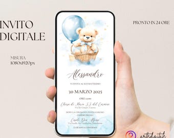 May include: Digital invitation for a baby boy's baptism. The invitation features a blue and white watercolor background with a teddy bear holding a blue balloon. The text on the invitation reads "Alessandro" and includes the date and time of the baptism, the church name, and the location of the reception.