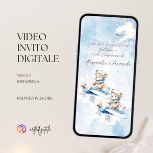 VIDEO INVITO battesimo digitale bimbi, gemelli con orsetti e palloncini blu, invito compleanno, cresima o prima comunione personalizzabile