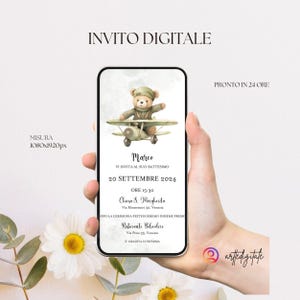 Invito digitale modificabile orsetto aviatore verde, festa, battesimo, compleanno con sfumature verdi