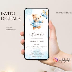 Invito digitale personalizzato per la festa del tuo bambino, battesimo, party kit, orsetto volante azzurro con palloncini, nuvole