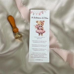 Segnalibro a tema orsetto rosa, battesimo, compleanno, festa bimba, orsetta con fiori, segnaposto con cioccolatino, , mongolfiera