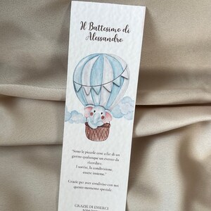 Segnalibro/segnaposto personalizzato tema mongolfiera ed elefantino per la festa del tuo bambino, battesimo, comunione, cresima, bomboniera