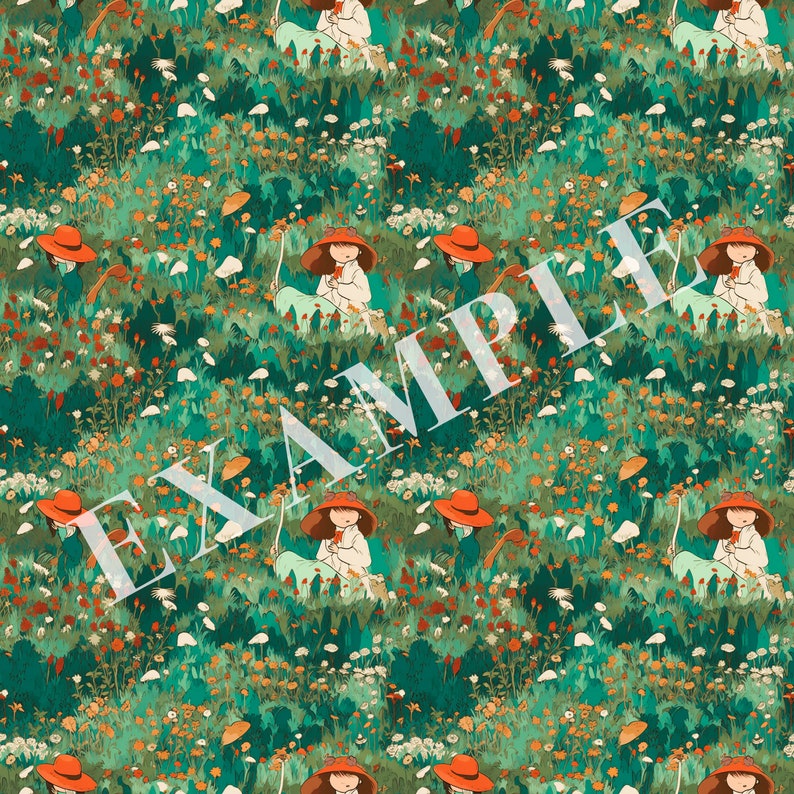 Studio Ghibli Style Seamless Background Patterns, Flower Meadow, Printable Digital Paper, Scrapbook Paper, Dreamy Background, Commercial Use image 2