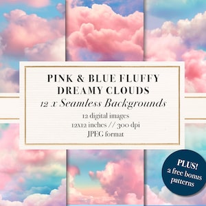 May include: Twelve digital seamless background patterns featuring pink and blue fluffy clouds. Each pattern is 12x12 inches and 300 dpi. JPEG format. Plus, two free bonus patterns.