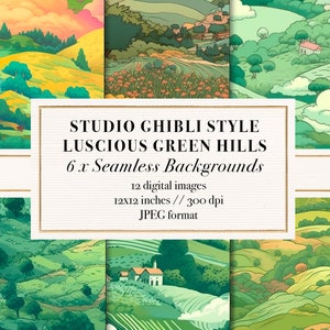 May include: Six digital seamless background images in a Studio Ghibli style. The images feature lush green hills, rolling fields, and small houses. The images are 12x12 inches and 300 dpi.