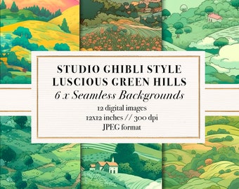 Studio Ghibli Style Luscious Green Dreamy Fields, Seamless Background Patterns, Printable Digital Paper, Scrapbook Paper, Commercial Use