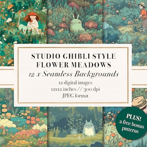 Studio Ghibli Style Seamless Background Patterns, Flower Meadow, Printable Digital Paper, Scrapbook Paper, Dreamy Background, Commercial Use image 1