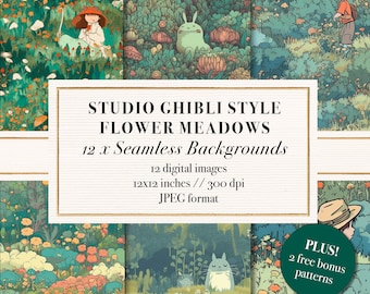 Studio Ghibli Style Seamless Background Patterns, Flower Meadow, Printable Digital Paper, Scrapbook Paper, Dreamy Background, Commercial Use