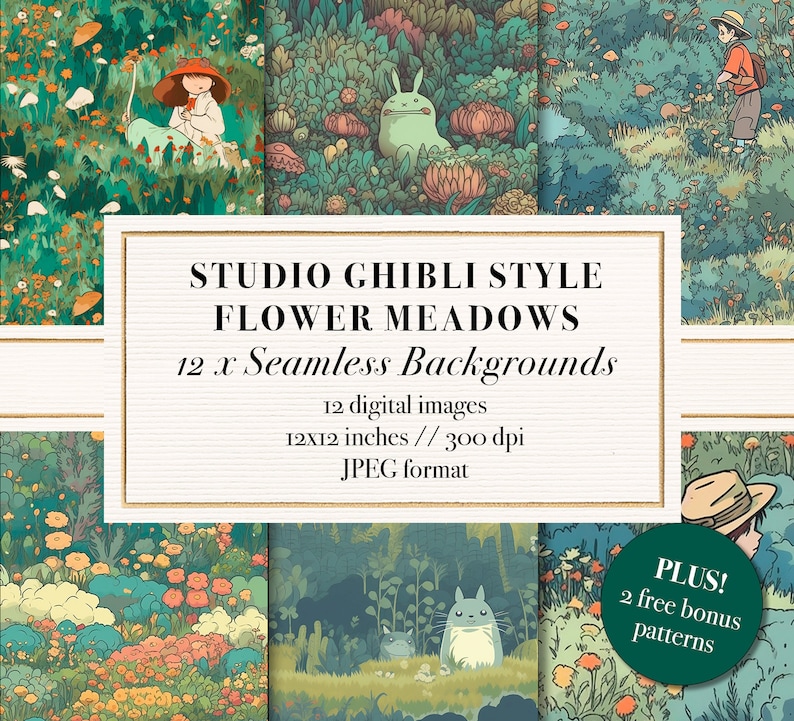 Studio Ghibli Style Seamless Background Patterns, Flower Meadow, Printable Digital Paper, Scrapbook Paper, Dreamy Background, Commercial Use image 1