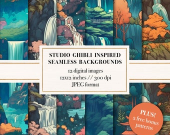 Studio Ghibli Style Seamless Background Patterns, Waterfall, Printable Digital Paper, Scrapbook Paper, Dreamy Backgrounds, Commercial Use
