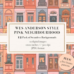 Rosa Nachbarschaft nahtlose Hintergrundmuster im Wes Anderson-Stil, druckbares digitales Papier, Scrapbook-Papier, Stadthaus, kommerzielle Nutzung
