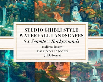 Studio Ghibli Style Waterfalls, Seamless Background Patterns, Printable Digital Paper, Scrapbook Paper, Dreamy Backgrounds, Commercial Use