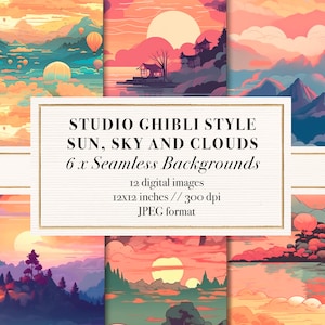 May include: Six digital seamless background patterns in a Studio Ghibli style. The backgrounds feature a sunset sky with clouds, mountains, and a lake. The backgrounds are 12x12 inches and 300 dpi in JPEG format.