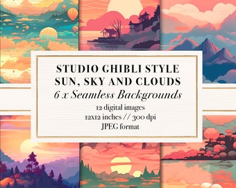 Studio Ghibli Style Sky, Clouds & Sunrise Seamless Background Patterns, Printable Digital Paper, Scrapbook Paper, Dreamy, Commercial Use