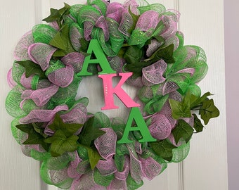 Sorority (AKA) Wreath, holiday wreath door decor, wreath for door, pink and green wreath