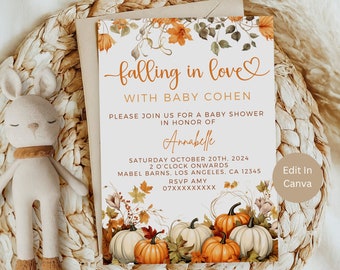 Invitación de baby shower de enamorarse, invitación de baby shower de calabaza, plantilla editable, invitación de baby shower floral de otoño, bebé de Halloween, LFL