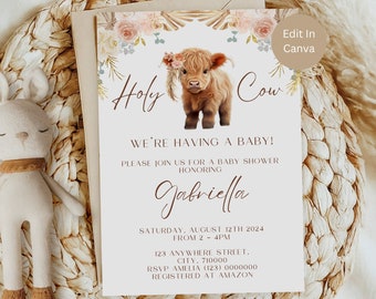 Boho Highland Cow Baby Shower Invitation, Instant Download, Holy Cow Baby Shower Invitation, Gender Neutral Baby Shower, Boho baby, LB1003