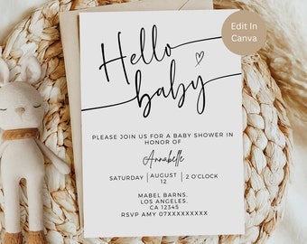 Pode incluir: Um convite de chá de bebê branco com texto preto. O convite diz "Hello baby" com um pequeno símbolo de coração. O convite inclui o nome "Annabelle", a data "August 12", a hora "2 o'clock", o local "Mabel Barns, Los Angeles, CA 12345" e as informações de RSVP "RSVP Amy 07XXXXXXXXX".
