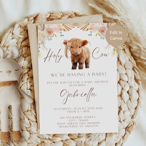 Invitation de shower de bébé vache Highland Boho, téléchargement immédiat, Invitation de shower de bébé vache sacrée, baby shower sans distinction de sexe, bébé Boho, LB1003