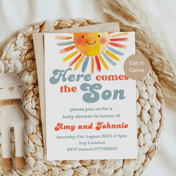Here Comes The Son, Sunshine Baby Shower Invitation, Editable Printable Template, Sun Theme, Here Comes The Sun Baby Shower Invite, LB1006