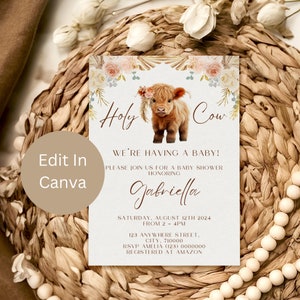 Boho Highland Kuh-Babypartyeinladung, sofortiger Download, Heilige Kuh-Babypartyeinladung, Mädchen-Babyparty, Bauernhof, Boho baby, LB1003