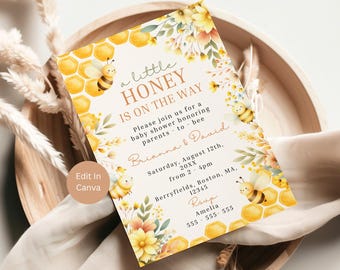 Modello di invito per baby shower "A Little Honey Is On The Way", modello di invito a tema ape carina, download digitale modificabile, genere neutro, LHB