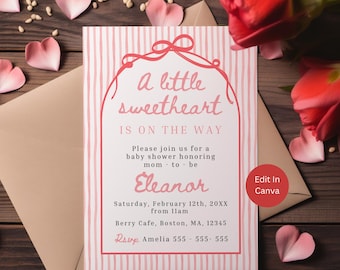 Valentines Baby Shower Invitation, Little Sweetheart Editable Template, Heart Baby Shower Decor, Girl Invite