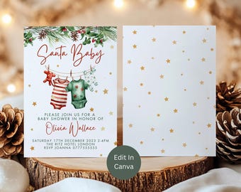 May include: A Christmas-themed baby shower invitation featuring a green, red, and white illustration of baby clothes hanging on a clothesline. The text "Santa Baby" is written in red and white cursive lettering. The invitation includes the date, time, location, and RSVP information.