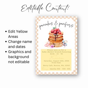 May include: Baby shower invitation with a watercolor illustration of pancakes, berries, and a pacifier. The invitation includes the text "pancakes & pacifiers" and details for a brunch honoring the mom-to-be, Keira.
