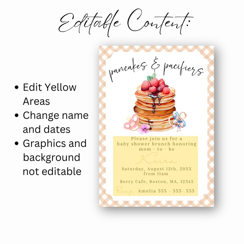 May include: Baby shower invitation with a watercolor illustration of pancakes, berries, and a pacifier. The invitation includes the text "pancakes & pacifiers" and details for a brunch honoring the mom-to-be, Keira.
