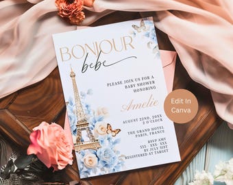 Bonjour Bebe Baby Shower Invitation, Paris Baby Shower, French Baby Shower, Eiffel Tower, Printable Instant Download, editable invite, BBB