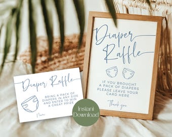 Letrero y boleto de rifa de pañales para baby shower azul, boletos de rifa de pañales para baby shower minimalistas, tarjeta de rifa de pañales, descarga instantánea