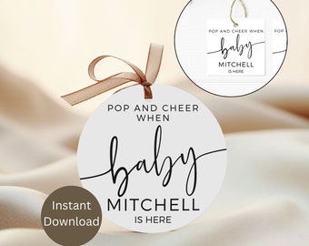 Etiqueta de regalo Pop And Cheer When Baby Is Here, etiqueta de regalo de agradecimiento, etiqueta de regalo de botella de champán para baby shower, descarga instantánea, baby shower minimalista