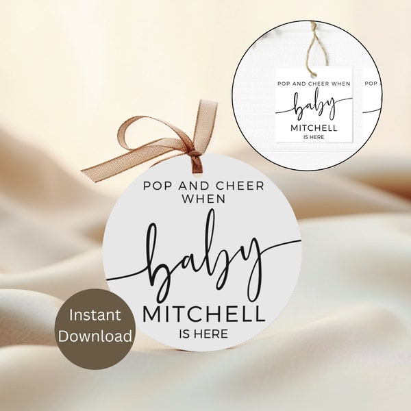 Pop And Cheer When Baby Is Here Tag, Thank You Favor Tag, Baby Shower Game Champagne Bottle Favor Tag, Instant Download, Minimal Baby Shower