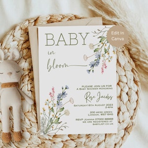 K&ouml;nnte beinhalten: Eine Babyparty-Einladung mit einem floralen Design. Die Einladung lautet "Baby in Bloom" und enth&auml;lt den Namen "Rose Jacobs". Die Babyparty findet am Samstag, den 16. August 2023, von 14:00 bis 16:00 Uhr in der 200 Mere Green, London, WS7 6HG statt. Die RSVP-Nummer lautet 07000 88888 und die Website ist babylist.co.uk.