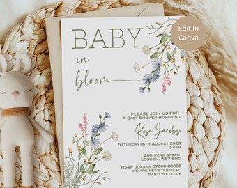 Invito doccia per bambini di fiori di campo, fiori di campo in arrivo, modello di invito floreale per bambini in fiore, modello di invito di fiori selvatici, LB0031