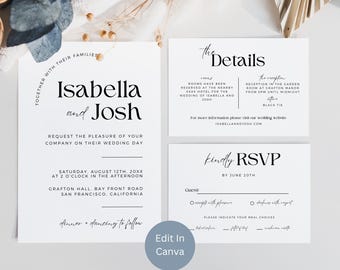 Op de afbeelding: Een set elegante trouwuitnodigingskaarten. De hoofkaart toont de namen "Isabella en Josh" in een stijlvol lettertype. Extra kaarten bevatten details, inclusief RSVP-informatie en evenementdetails. Minimalistisch ontwerp met zwarte tekst op wit.
