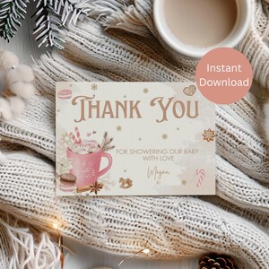 Carte de remerciement pour baby shower d'hiver, bébé il fait froid dehors, baby shower au chocolat chaud, cacao chaud, pain d'épice, baby shower de Noël, LB0042