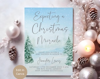 May include: A blue and white baby shower invitation with a winter wonderland theme. The invitation reads "Expecting a Christmas Miracle" and includes the date, time, and location of the shower. The invitation is decorated with snowflakes and pine trees.