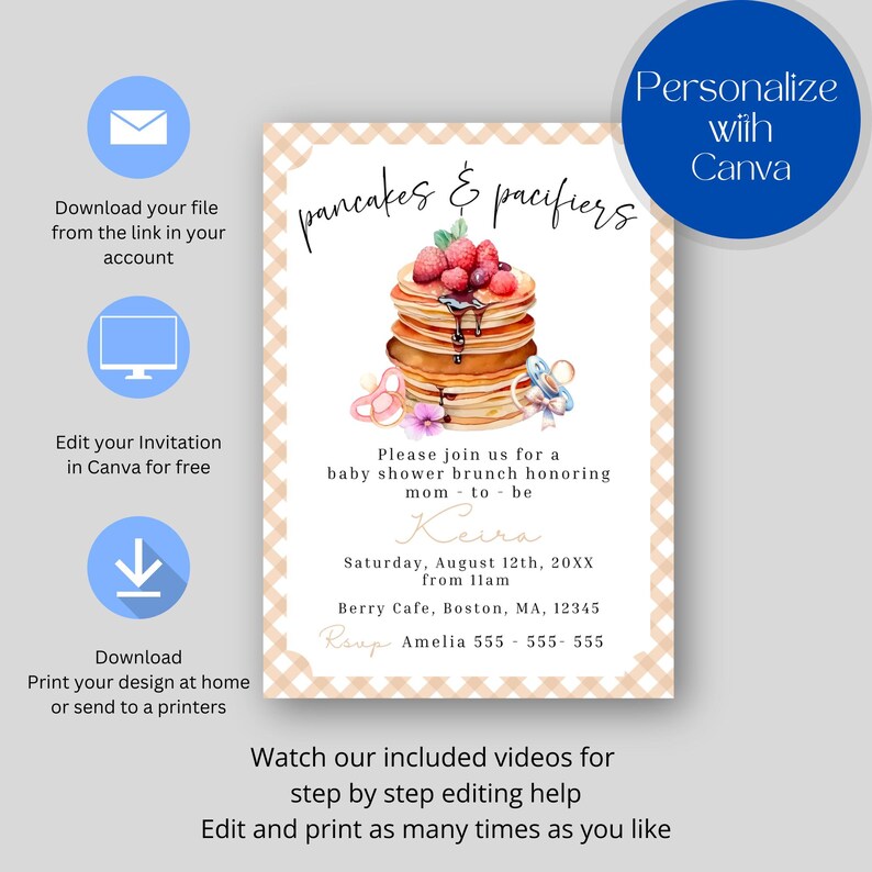 May include: Baby shower invitation with a watercolor illustration of pancakes topped with berries and syrup. The invitation includes the text "pancakes & pacifiers" and event details. The design is on a beige gingham background.