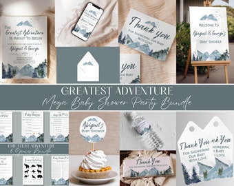 Puede incluir: Un conjunto de decoraciones imprimibles para una fiesta de baby shower con temática de montaña y bosque. El conjunto incluye invitaciones, tarjetas de agradecimiento, juegos y un cartel de bienvenida. Los colores son azul, gris y blanco.