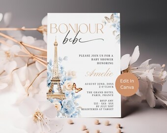 Bonjour Bebe Baby Shower Invitation, Paris Baby Shower, French Baby Shower, Eiffel Tower, Printable Instant Download, editable invite, BBB